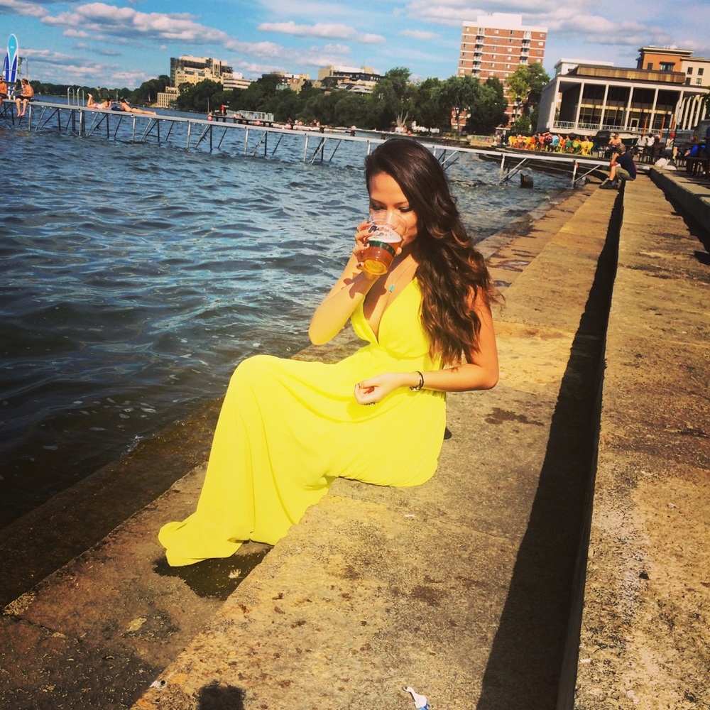 Plunging v neck yellow dress